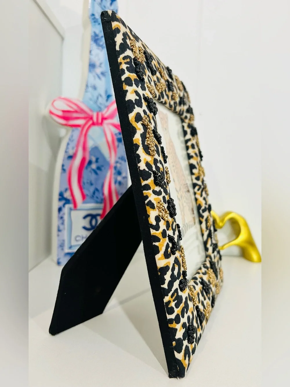 Leopard Print Round Jewelry Box with Matching Photo Frame and Beaded Accents